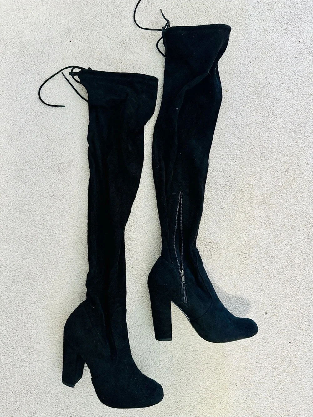 Women's Over-the-Knee Black Suede Block Heel Zip Boots